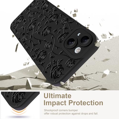 Image of Designed for iPhone 15 Case, Cute Rose Flower Floral Pattern Design, Slim Soft TPU Liquid Silicone Protective Cover for Women Girls - Black