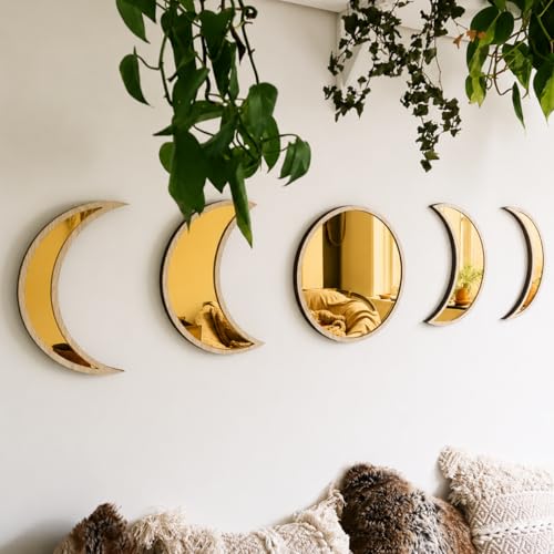 Image of Moon Phase Wall Decor with Beige Laminated Pine Wood Frame & Golden Acrylic Mirror | Boho Celestial Wall Art for Living Room, Bedroom, Yoga & Meditation Room