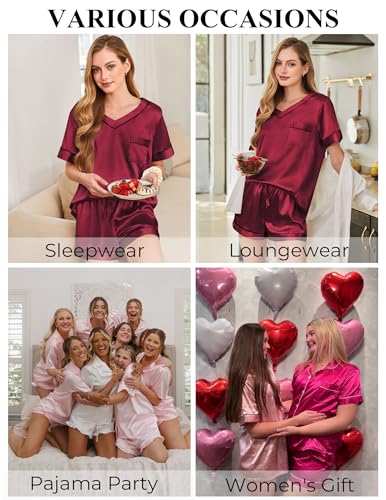Image of Silk Pajamas for Women Short Sleeve Satin 2 Piece Pj Set Soft V Neck Sleepwear Loungewear, S-XXL
