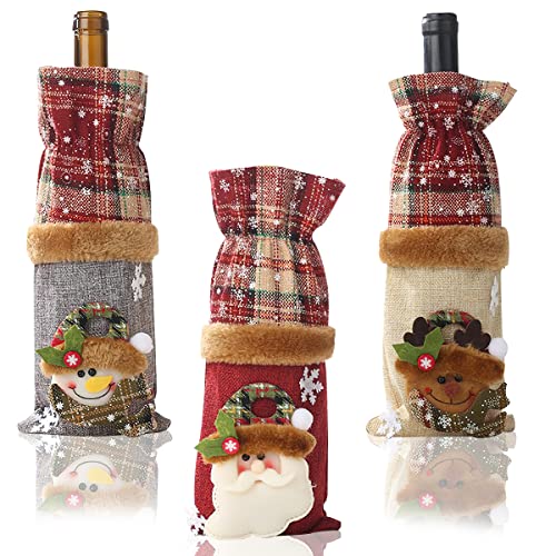 Funda Navideña para Botella Vino, FainFun 3 Piezas 28*13CM Cubierta Linda de Botella Vino Navidad, Decoración Cubierta Botella Vino de Arpillera, Bolsas Botellas Vino Navideñas para Decoración de Mesa