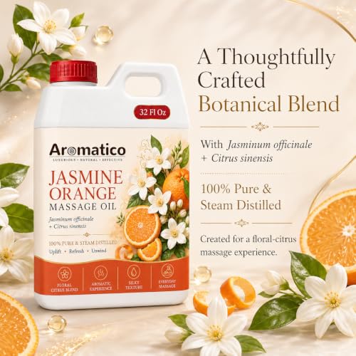 Image of AROMATICO Jasmine Orange Massage Oil for Skin & Body | Lightweight Professional Grade Refill Pack - 1000ml (1L Bulk)