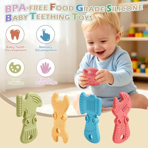 Image of TYRY.HU Baby Teething Toys for Babies 0-6 Months 6-12 Months, BPA Free Silicone Baby Molar Teether Chew Toys, Hammer Wrench Spanner Pliers for Boys Girls, Soft-Textured, Easy to Hold & Clean, Cute