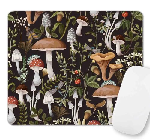 Tapis de souris motif champignons mignons, baies et insectes, tapis de souris carré naturel tendance, design parfait pour les jeux, ordinateur, bureau, ordinateur portable, travail de bureau, tapis de