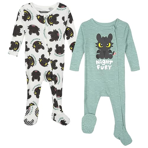 DreamWorks How to Train Your Dragon Toothless Newborn Baby Boys 2 Pack Sleep N Plays 2-Way Zip Cream/Green 3-6 Months