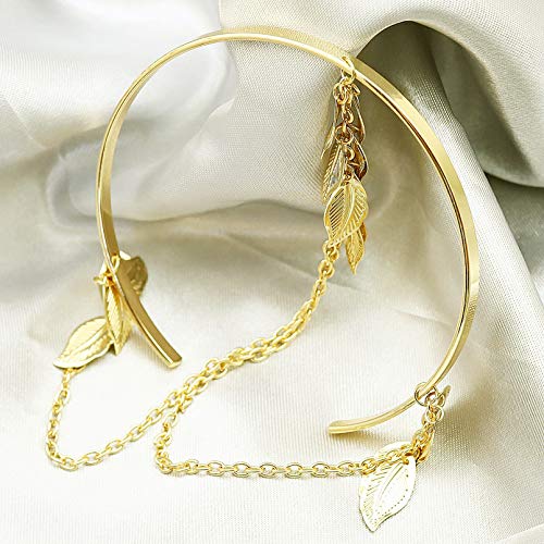 Rechicgu Gold 2 Pieces Leaf Feather Chain Tassels Bracelet Arm Cuff Band Open Upper Armband Armlet Adjustable Set Jewelry #TOP4