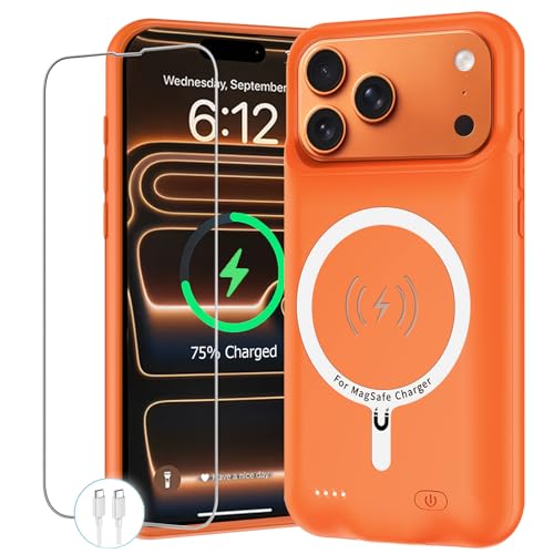 Battery Case for iPhone 17 Pro Max 12000mAh Protective Charging Case with Wireless Charging Compatible with iPhone 17 Pro Max (6.9 inch) Rechargeable Battery Pack Charger Cover with Carplay (Orange)