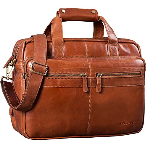 STILORD 'Explorer' Cartable de Professeur Cuir Sac d'enseignant Sac d'affaire Hommes Sacoche d'ordinateur Sac de Bureau Serviette de Travail Sac à Bandoulière, Couleur:Cognac - Brillant Cover