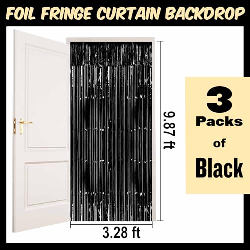 Image of 3 Pack Black Foil Fringe Curtains Backdrop, 3.28 x 9.8 Ft Metallic Streamers Tinsel Curtains Background for Photo Booth, Birthday, Halloween, Christmas, Thanksgiving, New Year Party Decorations