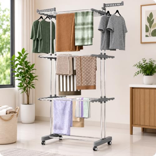 Image of TEKCOOL Foldable Cloth Drying Stand Stainless Steel - 3 Tier Heavy-Duty Clothes Dryer for Balcony, Indoor & Outdoor Use | with Wheels & Hanger Slots | Rust-Proof Laundry Rack (Grey, 3 TIRE)?.