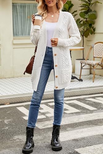 Image of Velius Women V Neck Button Down Cable Knit Open Cardigan Sweater with Pockets