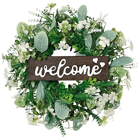 SOMYTING 15" Artificial Eucalyptus Lavender Wreath with Welcome Sign, Artificial Greenery Welcome Wreath for Front Door Wall Home Farmhouse Festival Celebration Wedding Decor (White) Cover