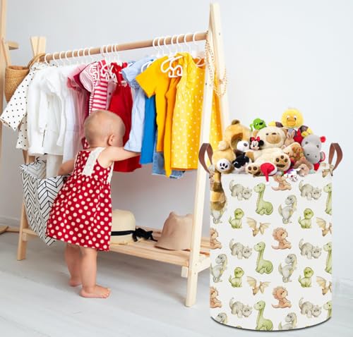 Image of 19.7 inch Laundry Basket,Dirty Clothes Hamper,Waterproof Storage Bin,Room Decor,Gift Baskets,Nursery Hamper(Watercolor Dinosaur)
