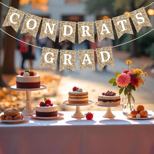 Image of Gold Congrats Grad Banner Garland, No DIY Required Pre-Strung Glitter Graduation Banners, Grad Congrats Class of 2026 Party Decorations for Graduation Party Supplies (Congrats Grad Banner)