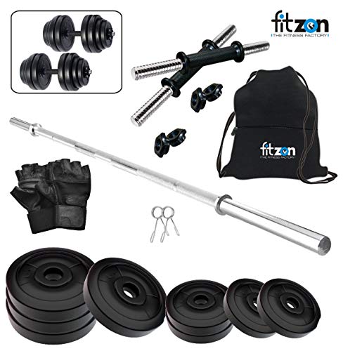 Fitzon PVC 18KG Combo 10-SL Home Gym Set with One 4 ft Plain and One Pair Dumbbell Rods Comes with Home Gym Accessories