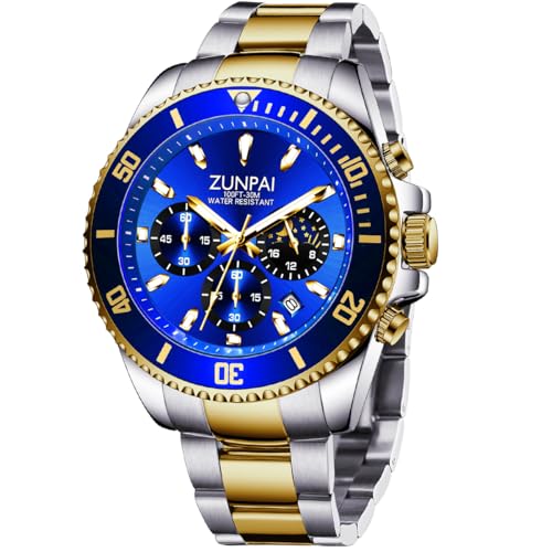 Image of ZUIPAI Moon Phase Watch for Men Chronograph Dial Analog Quartz Wristwatch Luxury Diamond Business Dress Watch with Luminous Waterproof Calendar Stainless Steel Strap