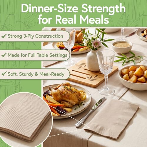 Image of Jenvita 100% Bamboo Compostable Napkins, 3 Ply, 250 Pack, 7.5 x 8 Inch | Heavy Duty, Eco Friendly, FSC Certified, Lunch, Dinner, Events, Entertaining, Paper Towels