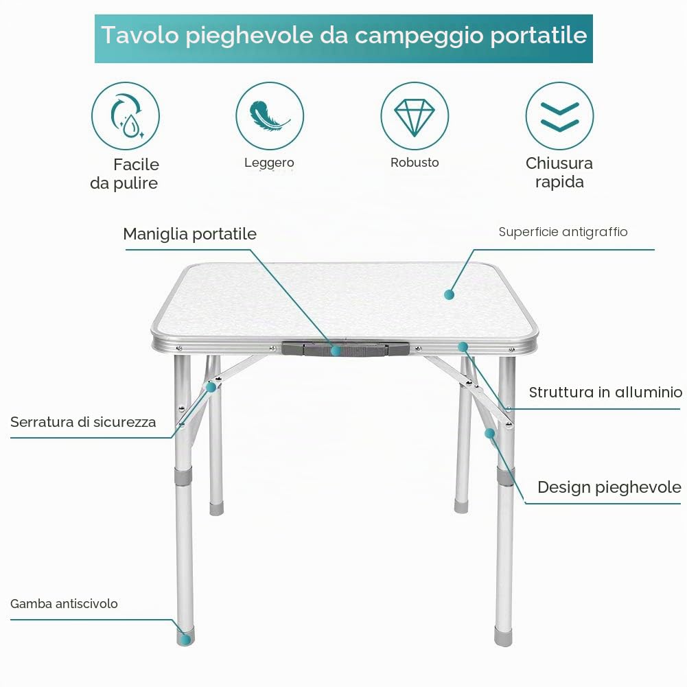 Tavolo da Campeggio Pieghevole Regolabile in Altezza con Borsa da Trasporto, 45x60cm, per Giardino e Viaggio