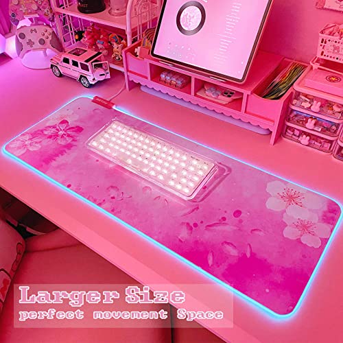 Rgb Cherry Blossom Gaming Mouse Pad Pink 31.5X12 Inch Pc Xl Large Extended Glowing Led Light Up Desk Pad Non-Slip Rubber Base Computer Keyboard And Mouse Pad Cute Mousepad #TOP1