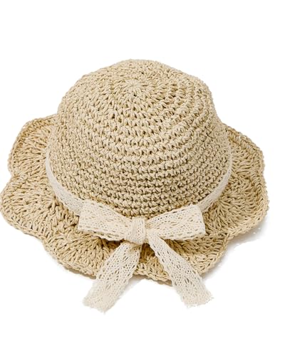 Century Star Baby Girls Straw Sun Hats for Infant Kids Summer Beach Hat for Toddler with Bow A02 Beige 12-24 Months - Thumbnail 2
