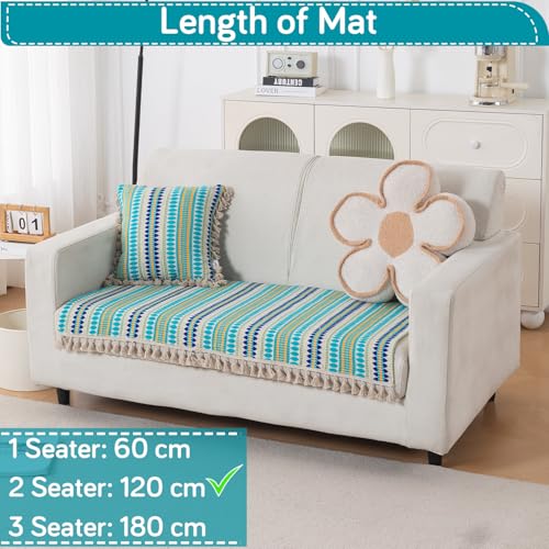 Image of HOKIPO 'Artisan Boho Series' Sofa Cover Mat with Tassel | 450 GSM Cotton Acrylic Jacquard for 2 Seater Sofa, Aqua Blue (IN-902-A4*S)