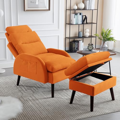 Sillón reclinable con otomanos terciopelo naranja