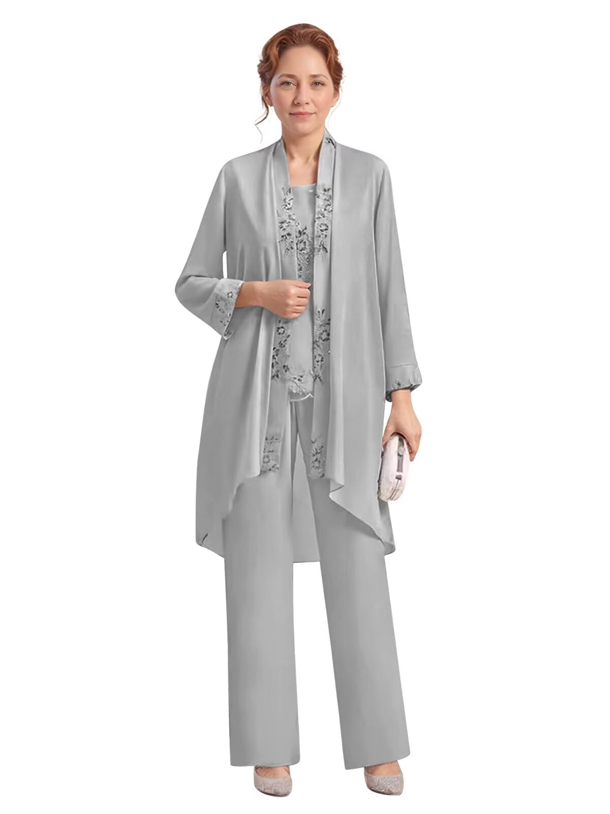 Womens Chiffon Mother of The Bride Pant Suits 3 Pieces Lace Appliques Long Sleeve Dressy Formal Outfit with