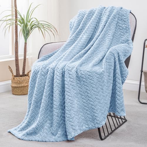 Exclusivo Mezcla Fleece Throw Blanket for Couch Sofa Bedroom, Soft Fuzzy Plush Warm Lightweight Jacquard Flannel Throws for Women, 50x70 Inches, Light Blue