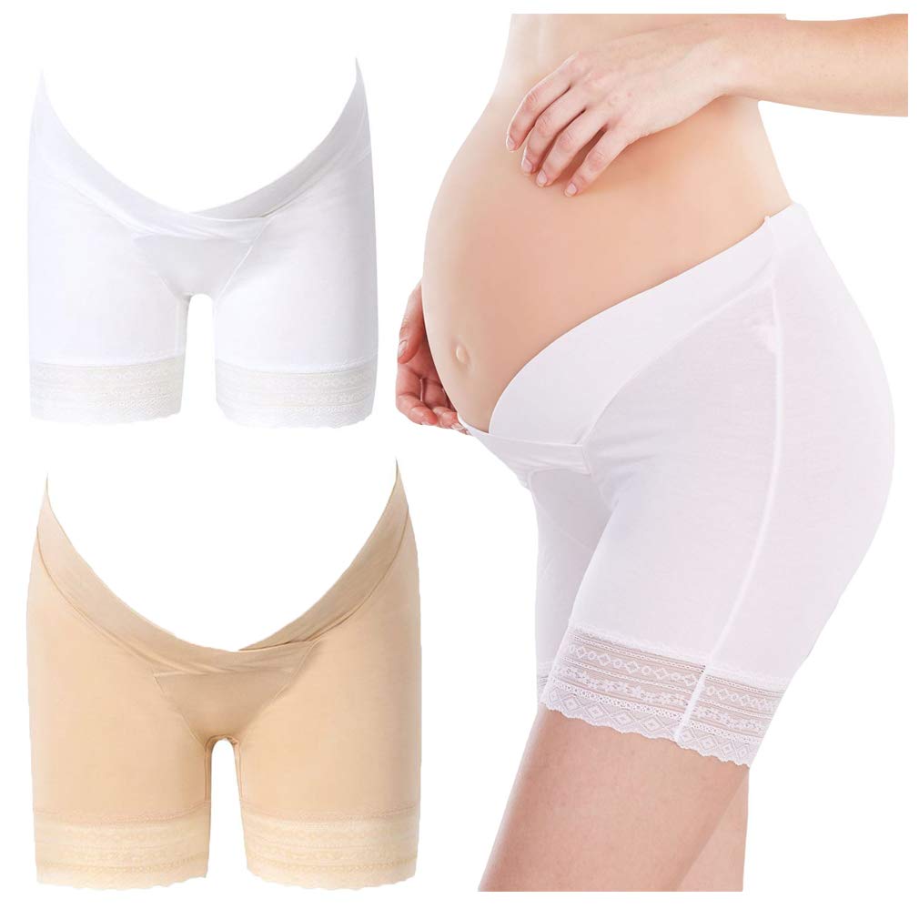 Fauhsto Women's White+Beige Maternity Underwear Pregnant Breathable Panties Under The Bump Safety Underpants Pregnancy Shorts V-Type Low Wasit Knickers Underpants 2Pack