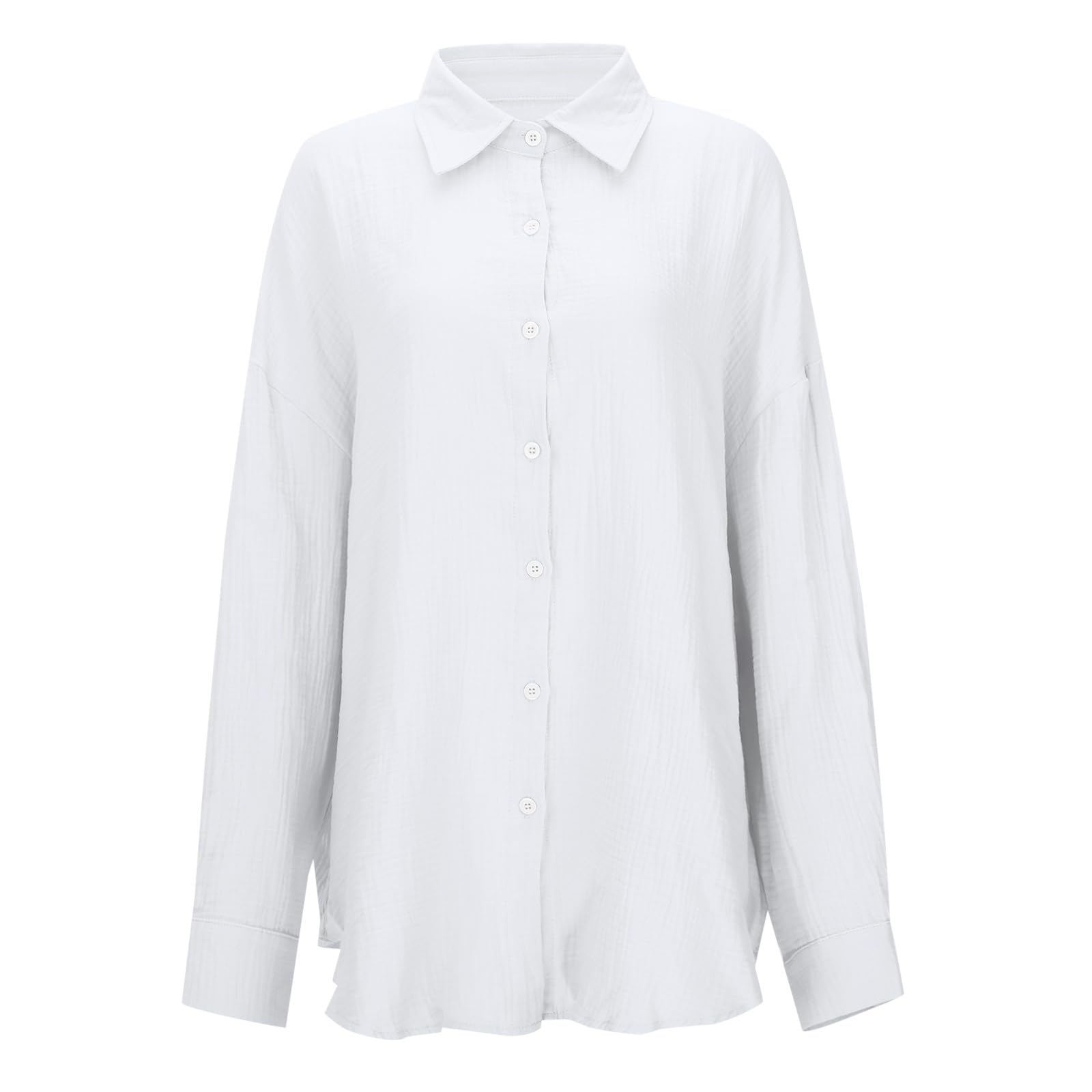Camisas de lino con cuello abotonado para mujer, color sólido, a la moda, casual, de manga larga, de muselina, holgadas, ligeras, de lino, algodón, talla grande, gasa de primavera