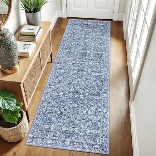 2.6x8 Blue Washable Runner Rug for Kitchen, Soft Classic Runner with Non-Slip, Non-Shedding Distressed Floral Rug for Hallways Entryway Bedroom Bathroom Laundry Indoor