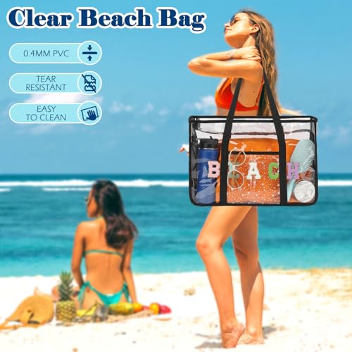 Image of Fammart Clear Beach Bag for Women, Large Pool Tote Cruise Vacation Essentials - Zipper Closure, Waterproof, Sandproof