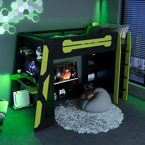 Image of Harper & Bright Designs Twin Size Wood Loft Bed with Desk and Multi-Storage Shelves, Wooden Gaming Loft Bed Frame with RGB Light, Space-Saving Bed with Safety Guardrail, Green