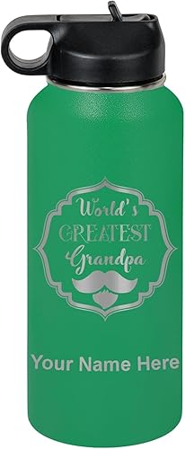 Miniatura 31 de LaserGram Botella de agua con tapa abatible de doble pared de 32 onzas con pajilla, grabado personalizado incluido (negro) Negro -,verde (camo