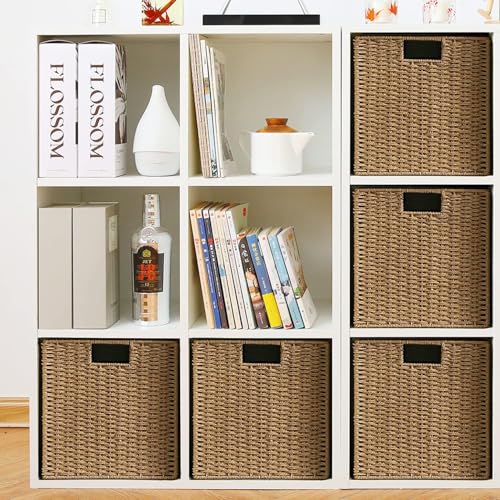 Aluusy 2 Storage Baskets, Hand Woven Wicker Basket Cube 28 cm, Large Collapsible Water Hyacinth Paper Basket with Handles, Decorative Basket for Bathroom Shelves Kallax Kitchen - Cosy Home Interiors Aluusy 2 Storage Baskets, Hand Woven Wicker Basket Cube 28 cm, Large Collapsible Water Hyacinth Paper Basket with Handles, Decorative Basket for Bathroom Shelves Kallax Kitchen - Image 2