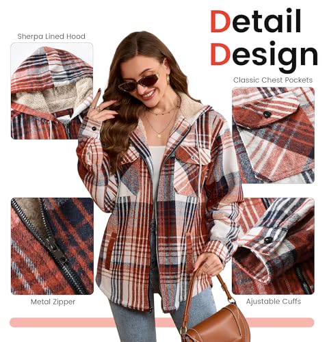 WINDFIT Damen Fleece-Flanelljacke mit durchgehendem Reißverschluss, kariert, Sherpa-Futter, Jacke für Damen, Frisches Orange, Medium