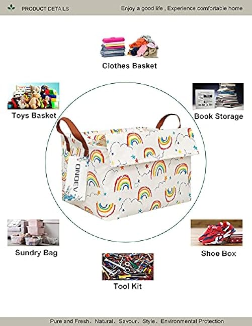 Rectangular Fabric basket with cover and handle, decorative basket and closet storage box for clothes, books and sundries£¨rainbow with lid£©, 14.9x10.2x9.05 Inch (Pack of 1)