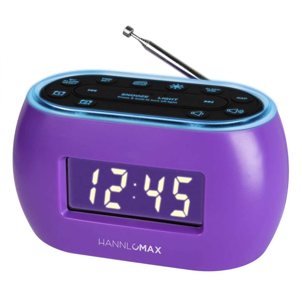 HANNLOMAX HX-161CR Portable PLL FM Radio Alarm Clock, LCD Display with Dimmer Function, 7 Colors RGB Night Light, USB Port for 1A Charging, Telescopic Antenna, AC/DC Operation only. (Purple)
