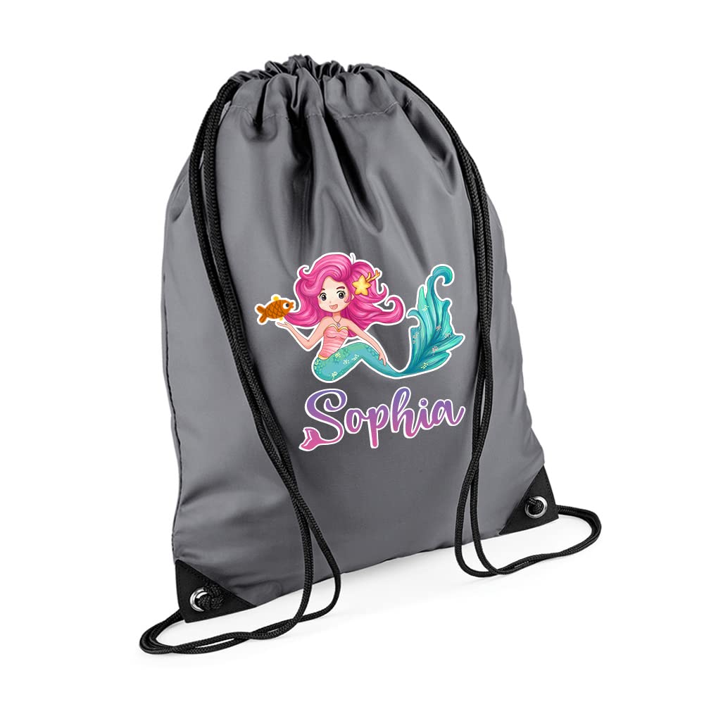 Mermaid Girl Gift Bag Personalised Backpack Mermaid Bag Gift for Kids-Girl Toddlers Birthday Girl Drawstring Bag, PE Gym Kit Swimming, Sport Rucksack. (Graphite Grey)