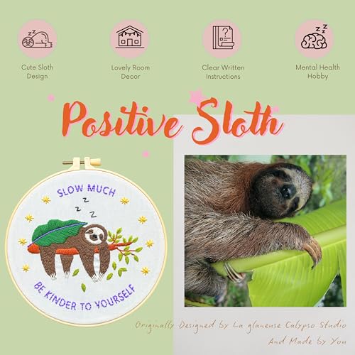 Image of La glaneuse Embroidery Kit for Adult, Beginner Embroidery Kit with Cute and Funny Animal Pattern, Six Simple Stitches to Get a Positive Sloth Pattern, Mental Health and Stress Relief Gift for Him /Her