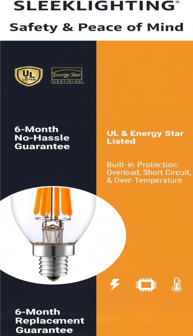 SLEEKLIGHTING 6-Watt E12 LED Filament UL and Energy Star Listed Candelabra Light Bulb - Dimmable (60W Incandescent Replacement) - Warm White 2700K Decorative Clear Chandelier Bulb - E12 Base 24pack