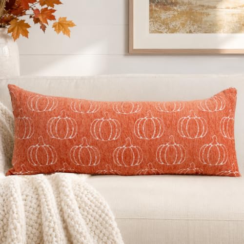 Image of Fall Pumpkin Chenille Pillow Covers 14x36 | Soft Chenille Double-Sided Pumpkin & Plaid, Thick & Cozy Farmhouse Autumn Decorative Cushion Covers for Couch Sofa Bed