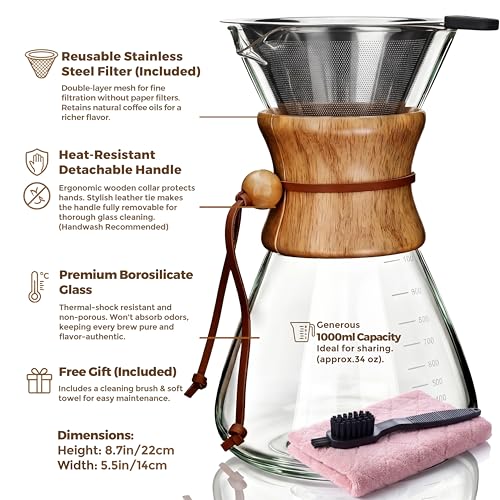 Image of AGOGO Pour Over Coffee Maker Set, 34oz Slim Style, 304 Stainless Filter | Barista kit for home kitchen, Cafe, Camping & Office; 20oz-40oz Classic, Slim, Diamond styles; Includes brush & towel.