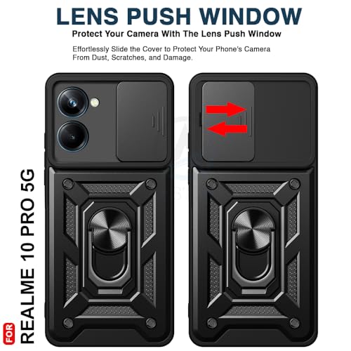 Image of AESTMO Tough Armor Realme 10 Pro 5G Bumper Back Case Cover | Ring Holder & Sliding Camera Shield Cover | 360 Degree Protection Back Case Cover for Realme 10 Pro 5G (Black)