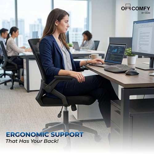 Image of HAVAI Airon Ergonomic Office Chair with Mesh Back | Executive Computer Chair with Reclining & Folding Function | Nylon Armrests | Class 2 Gas Lift | Plywood Base Support | WFH & Office Use (Black)