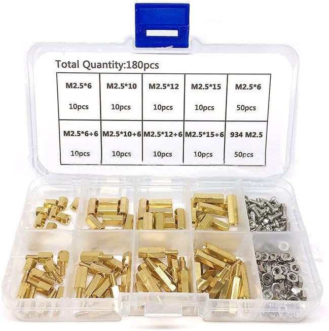 180pcs/set M2.5 Male Female Hex Brass Standoff Spacer with Pan Head Screw Nut and Washer Assortment Kit PCB Board Standoff - (Color: 180PCS)