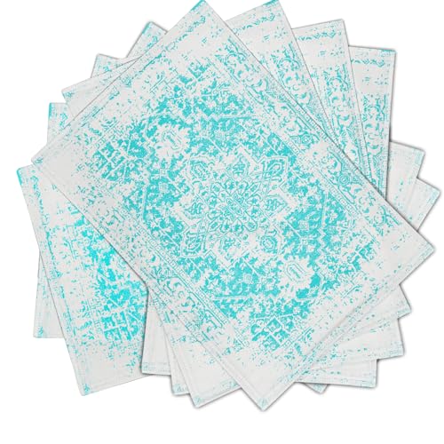 Image of Gray Aqua Turquoise Boho Placemats Set of 6 Ethnic Bohemian Carpet Place Mats Washable Kitchen Dining Vintage Grey Floral Linen Table Mats Stain Heat-Resistant for Home Party Indoor 12x18 in