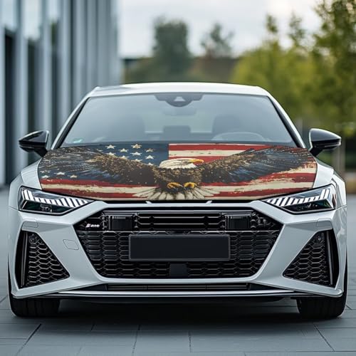 Image of Eagle American Flag Car Hood Cover Weatherproof Automotive Exterior Accessories Universal Fit Hood Covers for Cars, Trucks, SUV, or Van Full Coverage 4th of July Decor