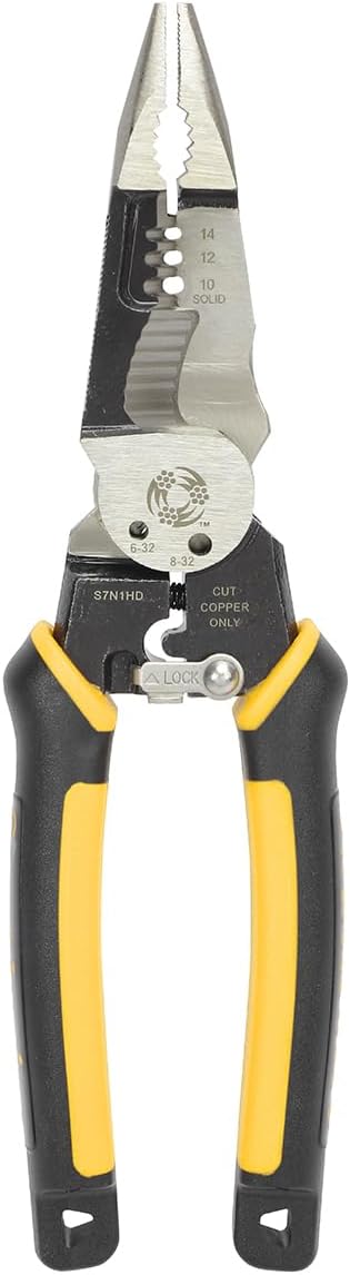 Southwire S7N1HD 7-In-1 Multi-Tool Plier: Shears 6-32 & 8-32 Bolts; Grips; Strips 10-14 AWG SOL & 12-16 AWG STR; Bolt spanner; Bolt shears; Crimper; Reamer; Heavy Duty Forged Steel Southwire S7N1HD 7-In-1 Multi-Tool Plier: Shears 6-32 & 8-32 Bolts; Grips; Strips 10-14 AWG SOL & 12-16 AWG STR; Bolt spanner; Bolt shears; Crimper; Reamer; Heavy Duty Forged Steel
