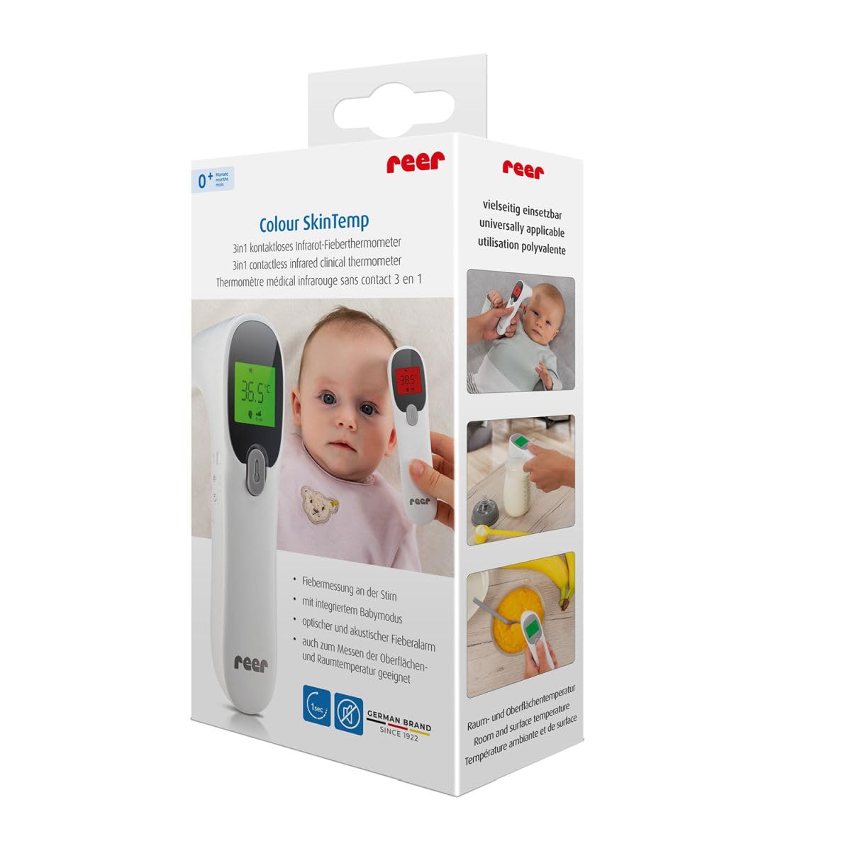 reer Colour SkinTemp 3 in 1, termometro a infrarossi senza contatto, per una misurazione accurata sulla fronte, ideale per neonati e bambini