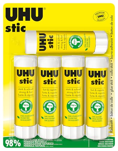 UHU Stic - Bâton de Colle Sans Solvants - Colle Enfant, Loisirs Créatifs, Bureau, Maison, École - Blanche - Fournitures de Bureau - Lot de 5 Stics de 40 g